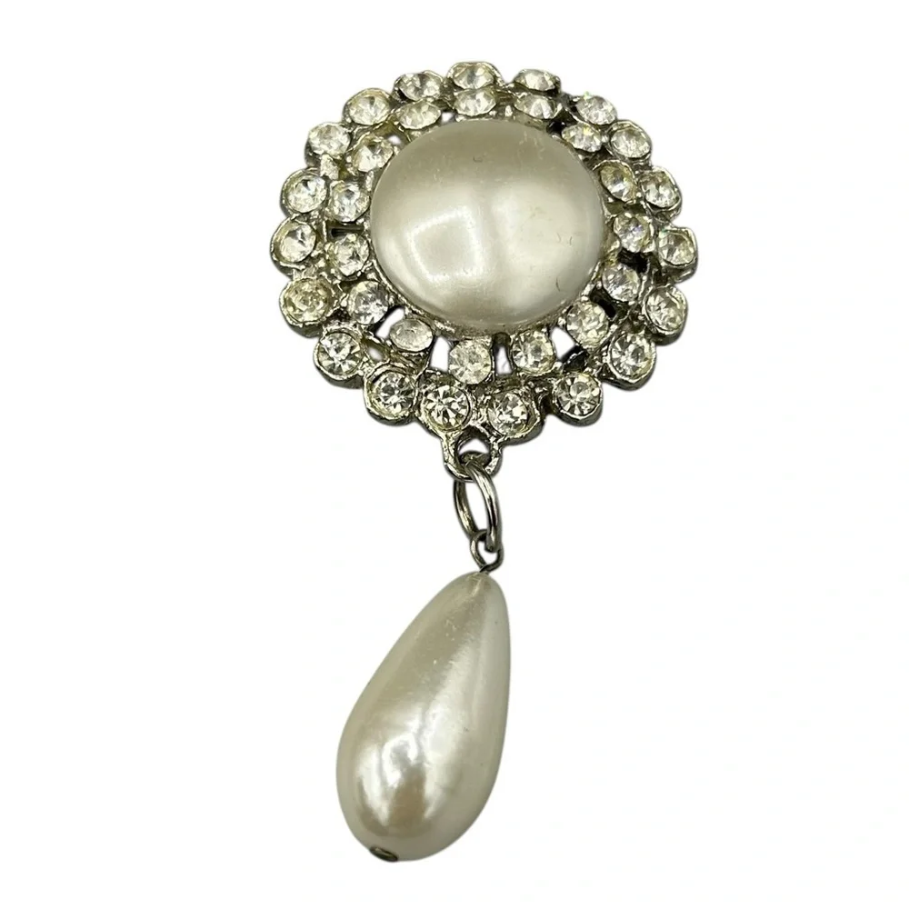Vintage 1950s Pearl Rhinestone Drop Brooch | Mid Century Glam